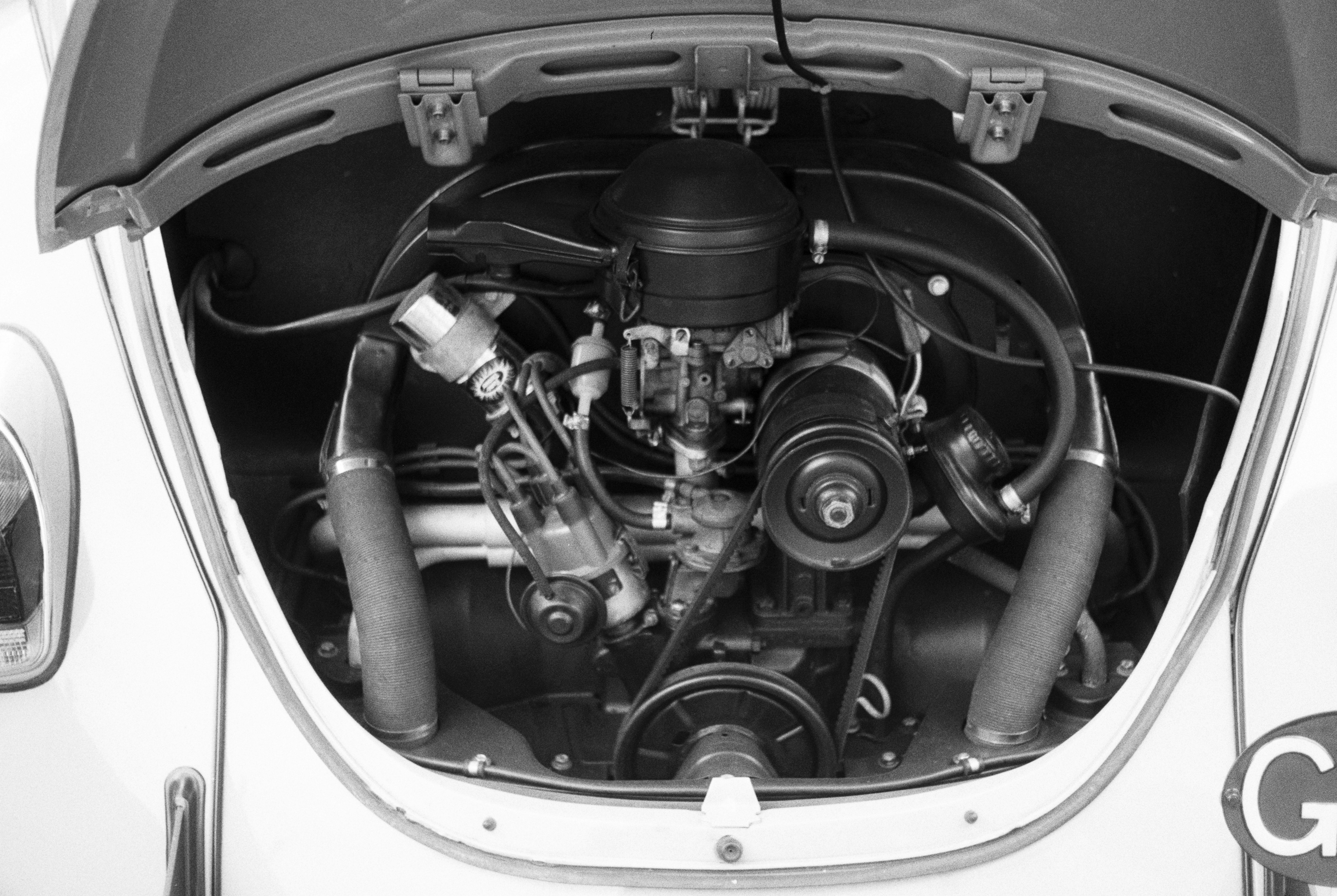 grayscale photo of car engine